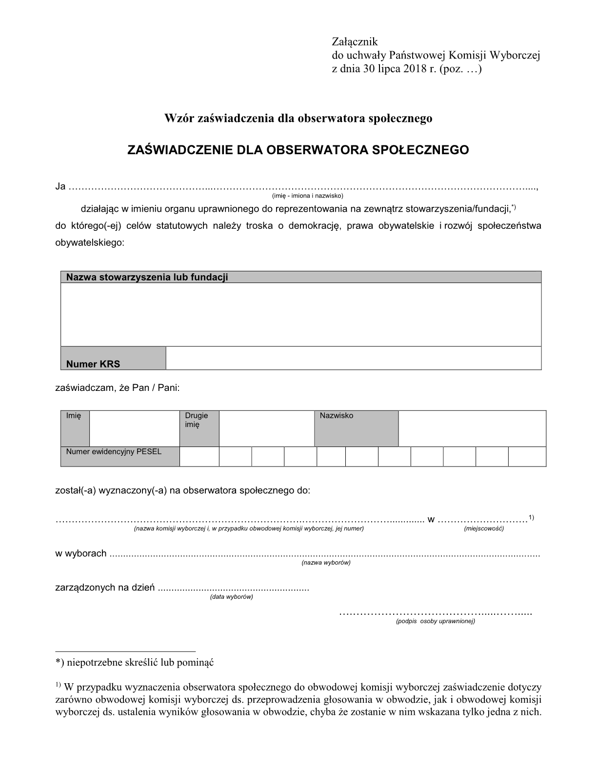 Za�wiadczenie dla obserwatora spo�ecznego